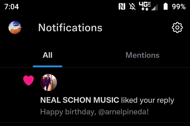 Morning.

*Sees Neal Schon liked my reply wishing Arnel Pineda a happy birthday*

OMG!     