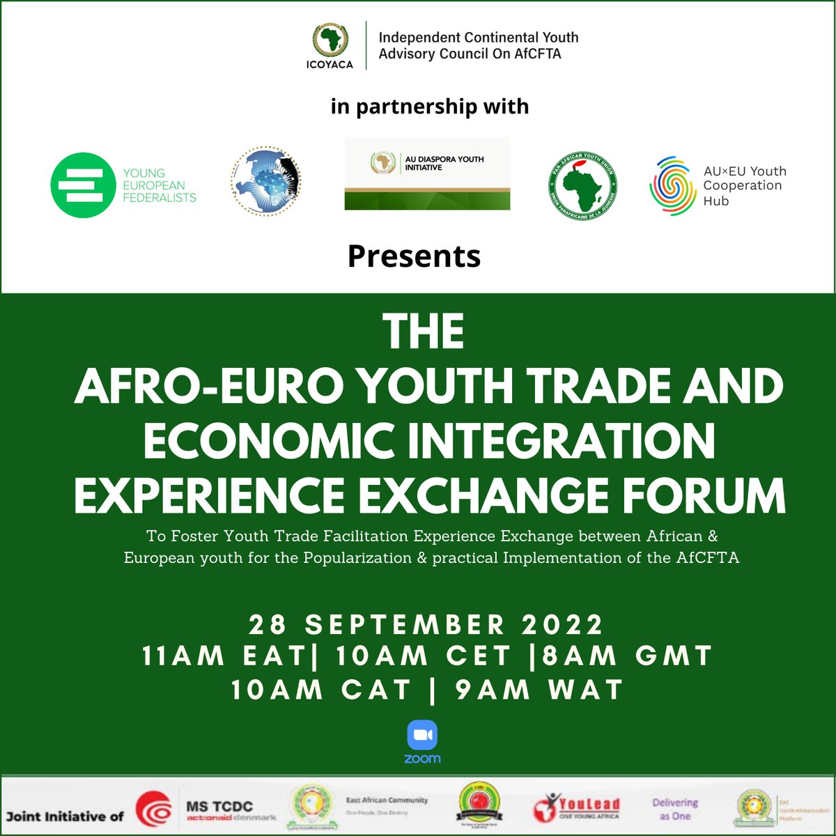 Hello Africa! 

The Afro-Euro Youth Trade And Economic Integration Experience Exchange will come to you live on Wednesday, 28 September, 11AM EAT / 10 AM CET

Register now!
bit.ly/AfroEuroForum
#AfroEuroForum 
See you soon. 

<a href="/AfCFTA/">AfCFTA Secretariat Official</a> @sebaprunce <a href="/MeneWamkele/">Wamkele Mene</a>
