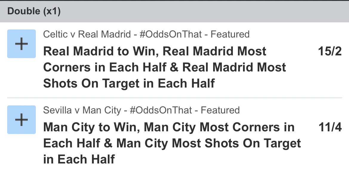 Having a go on this 31/1 double with BF tonight.

-Hard to see past current champs Madrid who play at Celtic Park. Madrid have full squad fit &amp; available so should see most big hitters. Madrid P4 W4 this season.
-Sevilla yet to win a game this season &amp; up against an inform #MCFC.