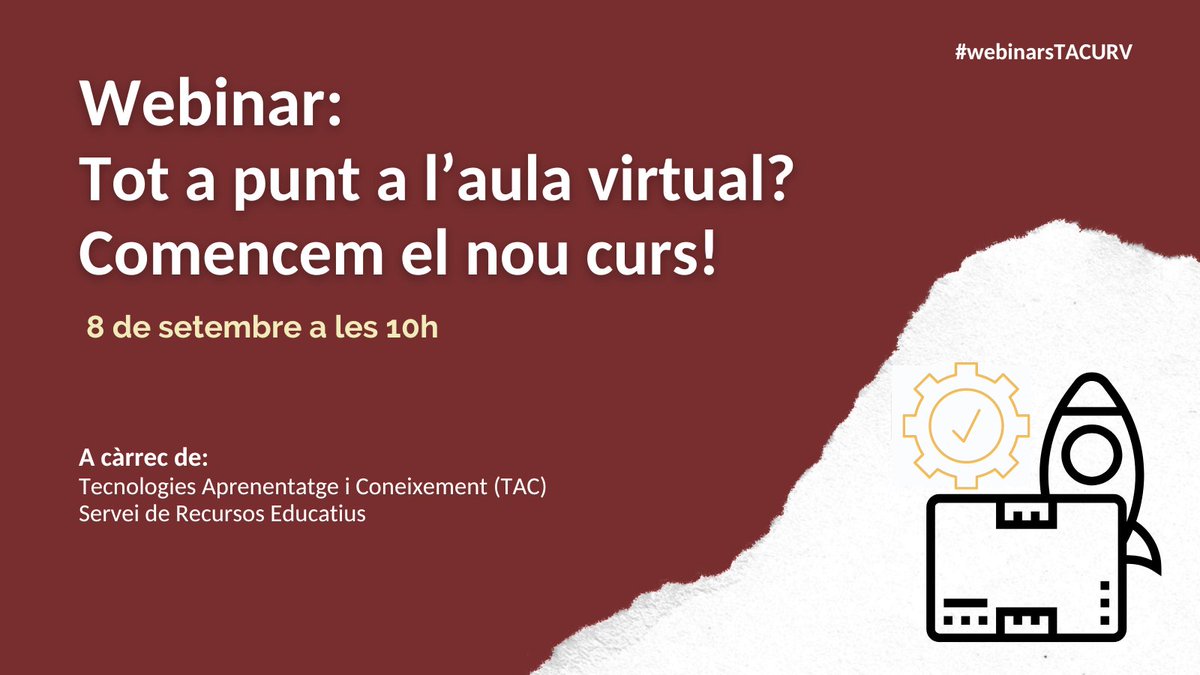 🆕Formació online🗓️8 de setembre a les ⏰10h: 
Tot a punt a l'aula virtual? Comencem el nou curs!🏁
👉Com a #PDI i #PAS de la <a href="/universitatURV/">Universitat Rovira i Virgili</a> pots accedir a qualsevol #webinar <a href="/ICEURV/">ICE-URV</a> <a href="/FPAS_URV/">formacioPASURV</a>
🔗Enllaç a l'oferta: bit.ly/3qc33Yz
#URV