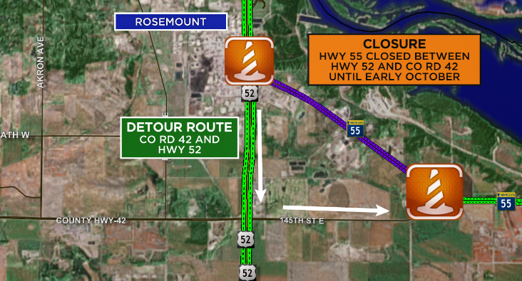 kstptraffic's tweet photo. ROSEMOUNT - Starting today all lanes of Hwy 55 are closed between Hwy 52 and Co Rd 42. Use Co Rd 42 and Hwy 52 as a detour route. Avoid using neighborhood streets to get around the closure.

The closure will be in place until early October.

#MNtraffic #MNconstruction @KSTP https://t.co/zOhmMG5kWB