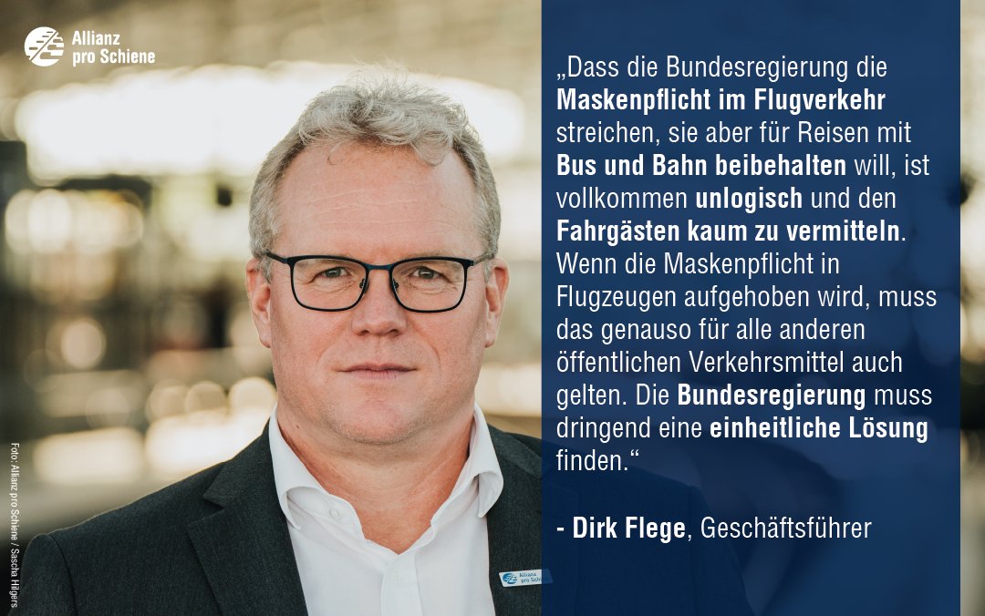Schienenallianz's tweet photo. Maskenpflicht im öffentlichen Verkehr entfällt – aber nur in der Luft. #Maskenpflicht im Flugverkehr streichen, aber in Bus und Bahn beibehalten, ist unlogisch und für die Fahrgäste kaum nachvollziehbar. Bundesregierung muss dringend einheitliche Lösung finden. https://t.co/iDeILSF6Gy