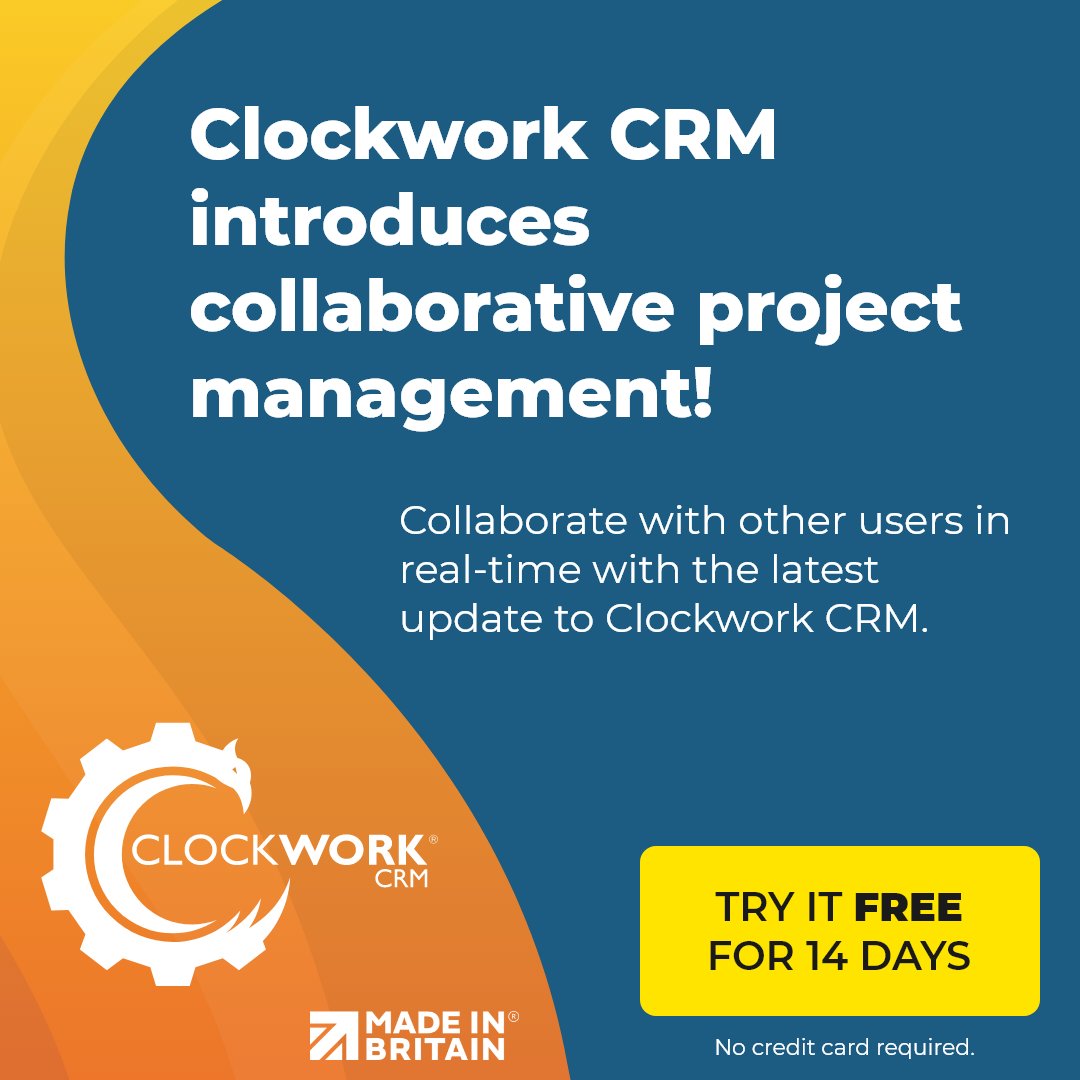 ClockworkCRM's tweet photo. Clockwork CRM introduces collaborative project management! 📊💪
https://t.co/TmCIR04qW3
#projectmanagement #crm #crmsoftware #crmupdate #realtime #softwareupdate #software #gantt #kanban #clockworkcrm #mythicsoftware
@MadeinBritainGB https://t.co/3MBL4wo9e3