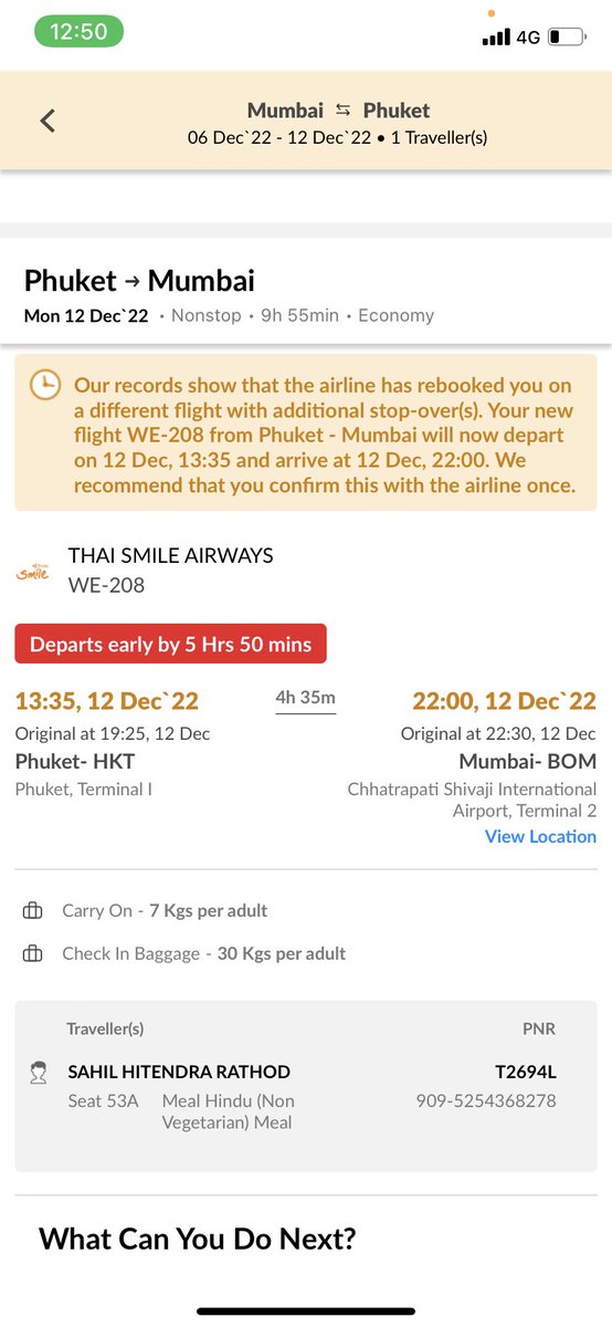 nnoiceeeeeeee's tweet photo. @makemytripcare @VennkattM I’ve booked the same flights for my trip, &amp; today got a message from MMT that the flight has been rescheduled and they’ve added stops, and have literally made one way more than 11 hours. I do not want these rescheduled tickets, please initiate refund @makemytrip @makemytripcare https://t.co/vhBlqZmOE5