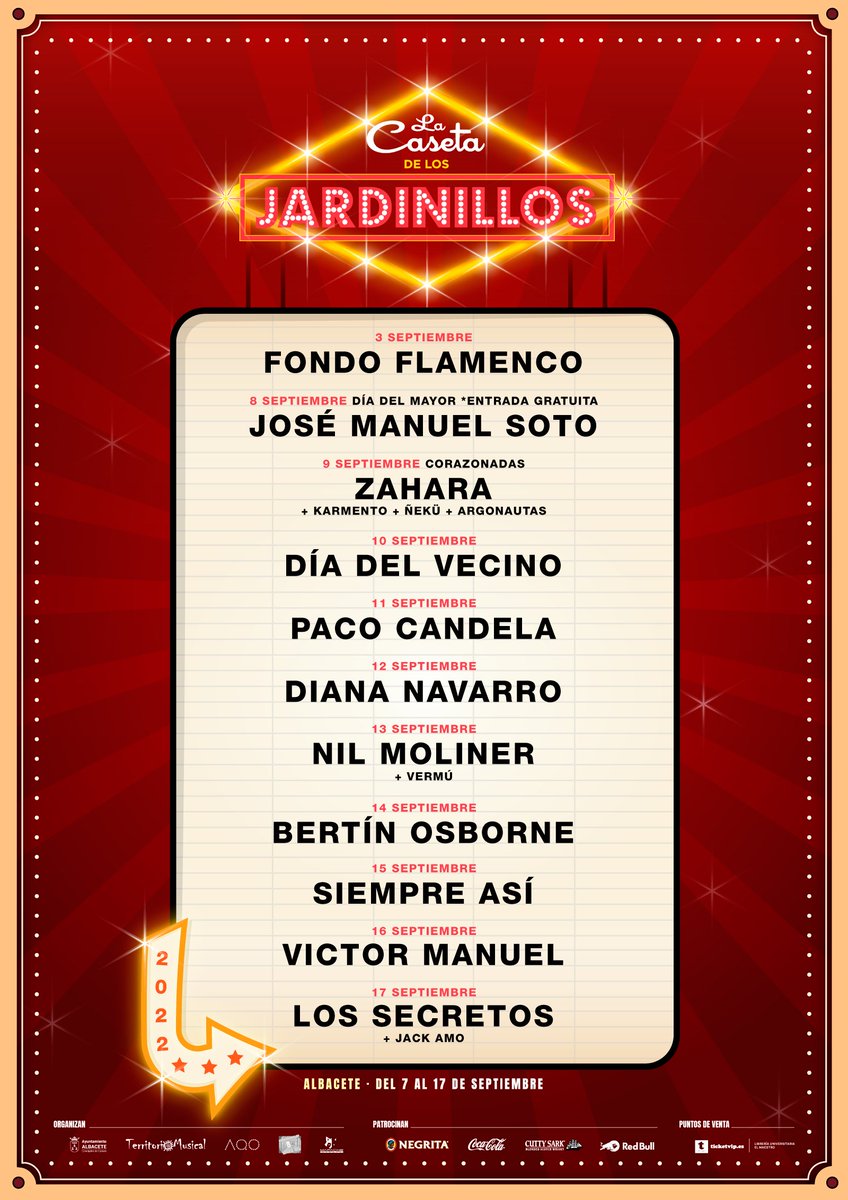 TerritorioMusi's tweet photo. TIC, TAC, TIC, TAC... ⏰
¡Ya está aquí la super programación de la #CasetadelosJardinillos para esta #FeriadeAlbacete2022! 🎡🎠 🎼
👉Corre a por tus entradas a https://t.co/Vzv81ojFQB
#territoriomusical #casetajardinillos2022 #conciertos #TicketVip https://t.co/iYM382Fpdz