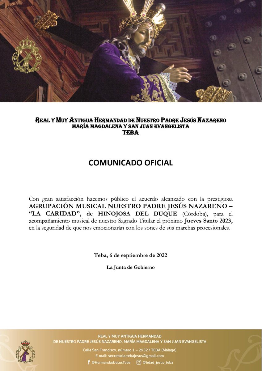 TebaJesus's tweet photo. 🎺 | ACOMPAÑAMIENTO MUSICAL 
JUEVES SANTO 2023

📄 Comunicado Oficial de la Cofradía.

@AM_JHS_Hinojosa

#SemanaSantaTeba #JuevesSanto https://t.co/X2HMXm9Zts