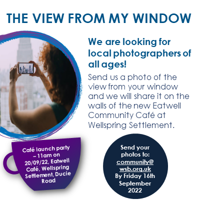 WSBartonHill's tweet photo. Our community engagement team are re-opening the cafe at the Settlement on Tuesday September 20th, and they're looking for photos of the view from your window to share on the walls. If you'd like to see your view up there, send your photo to community@wsb.org.uk by Friday 16th https://t.co/blDLDYImnf