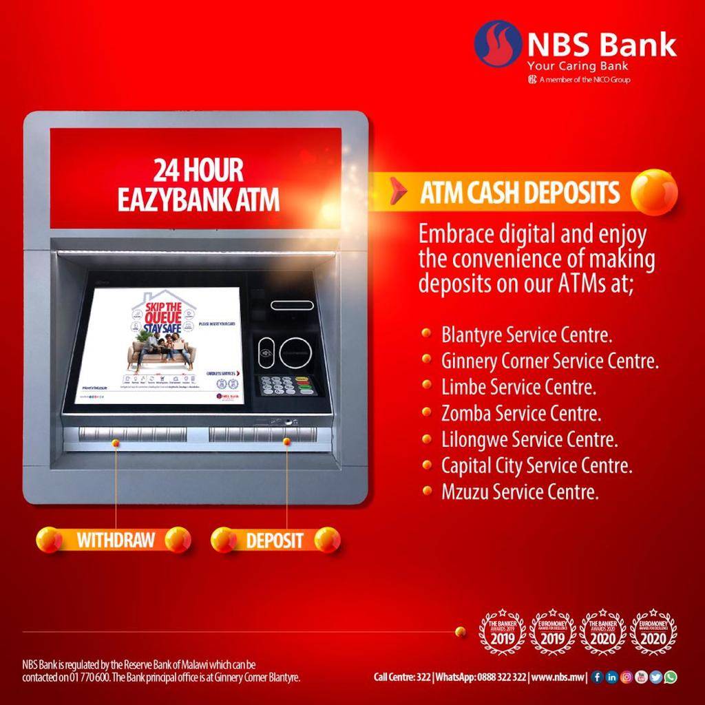 NBSBankMw's tweet photo. Embrace digital and safely make cash deposits at selected NBS Bank ATMs
#NBSBank
#YourCaringBank
#EmbraceDigital https://t.co/WZunoYOo1v