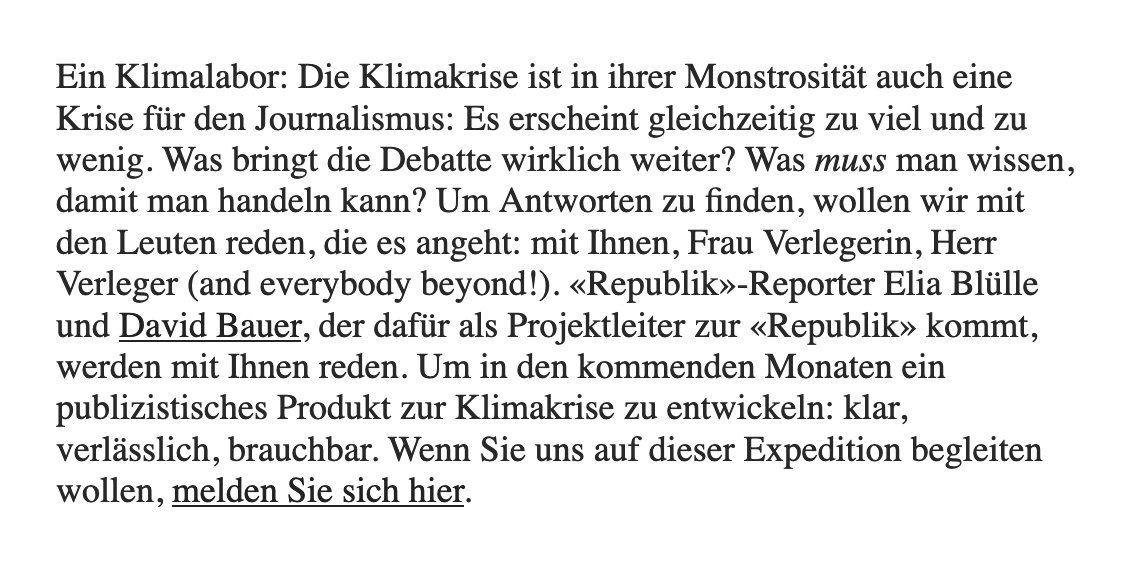Ich freue mich riesig, bei der Republik was Neues aufzubauen. Journalismus kann und muss mehr leisten, um in der Klimakrise seiner Verantwortung gerecht zu werden. Zusammen mit allen, die Lust darauf haben, machen wir uns auf die Suche nach Antworten.