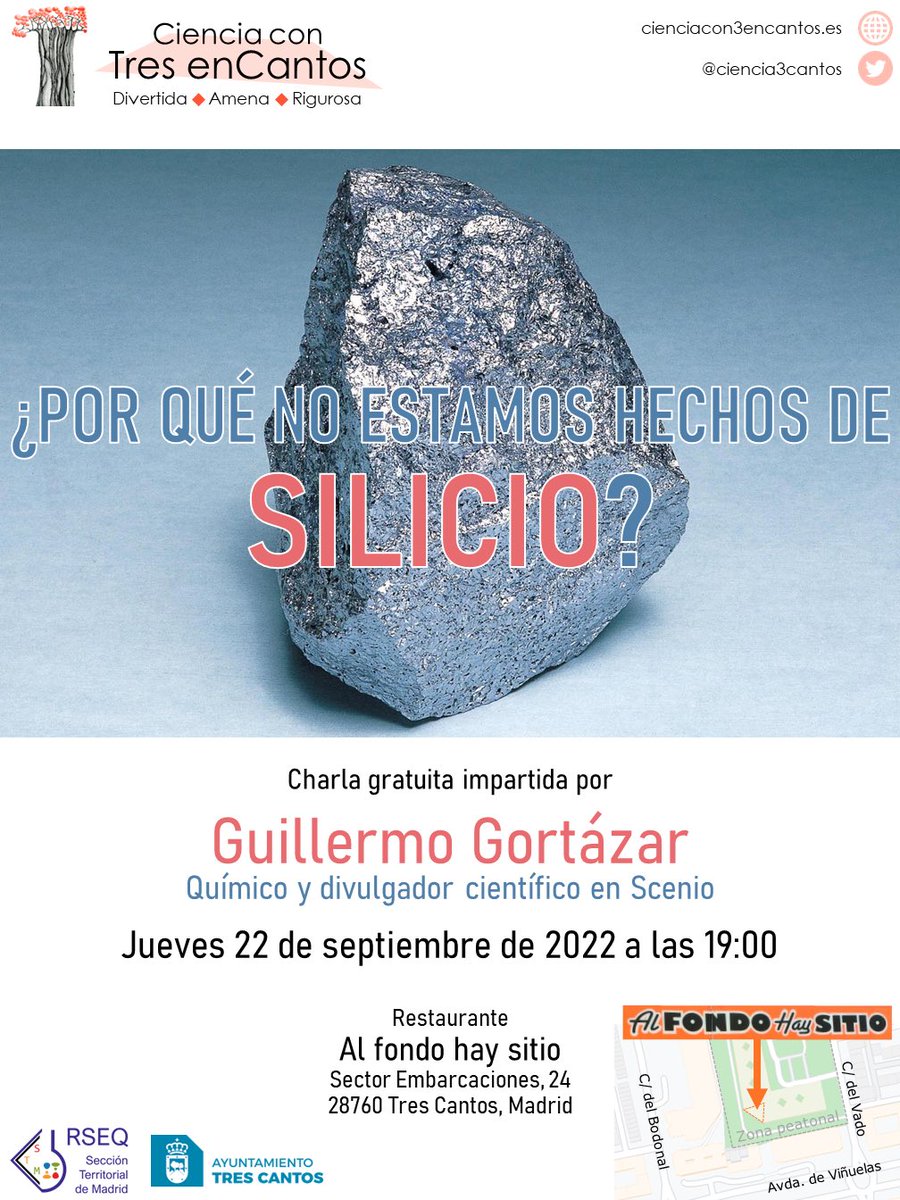 🗿¿Por qué no estamos hechos de silicio?🗿

Charla gratuita impartida por Guillermo Gortázar <a href="/cuestionquimica/">🧪Cuestión de química🧪</a>, Químico y divulgador científico en <a href="/cienciascenio/">Scenio</a>

📅 Jueves 22 de septiembre a las 19:00
📍 Restaurante Al fondo hay sitio, Sector Embarcaciones 24, #TresCantos