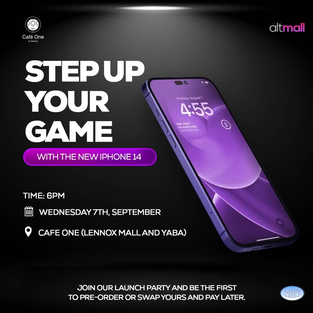 Cafeonenig's tweet photo. Join @altmallng launch party and be the first to pre-order or swap your iPhone for an upgrade and pay later. 

📍 Café One at E-Centre, Yaba and Lennox Mall, Lekki | September 7, 6PM 

#InnovationMeetsCommunity #TheUpgrade #iPhone14 https://t.co/cFkdjYicUZ