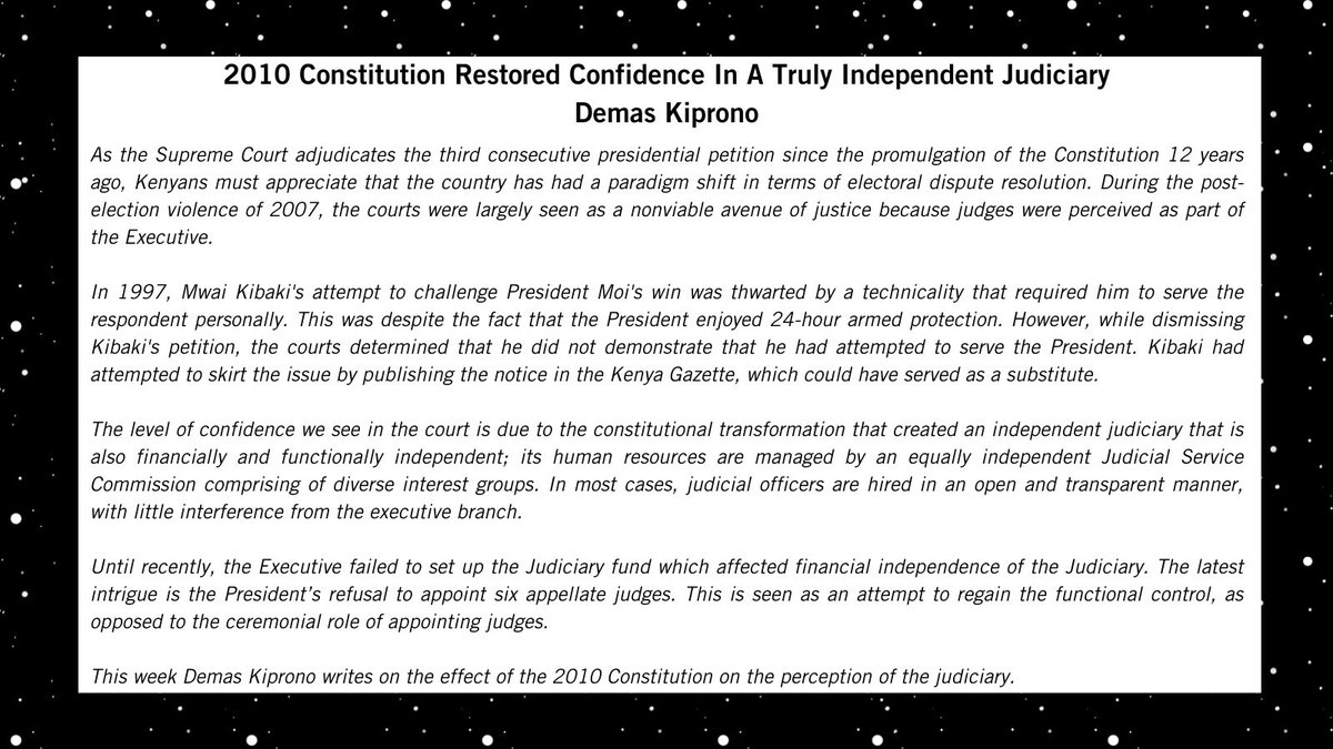 AmnestyKenya's tweet photo. Following yesterday’s #SupremeCourtRuling, we are taking a look at the impact of the 2010 Constitution on the perception of the Judiciary in our first #AmnestyRead of the day by @kipdemas.
https://t.co/vPGq0HW9yu https://t.co/hqTRsuzZFm
