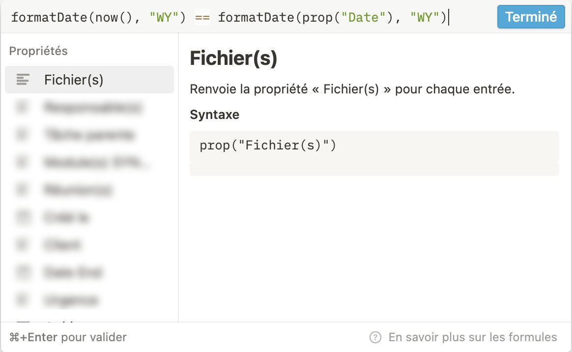 vincentgrattery's tweet image. Grâce à cette petite formule @NotionHQ, tu peux savoir si ta tâche est pour cette semaine. Gagner du temps 📅 et évite de jouer sans arrêt avec tes filtres. Tu as besoin d’autres formules ? Dis-le moi en commentaire ⬇️ #NotionFormula #notiontwt