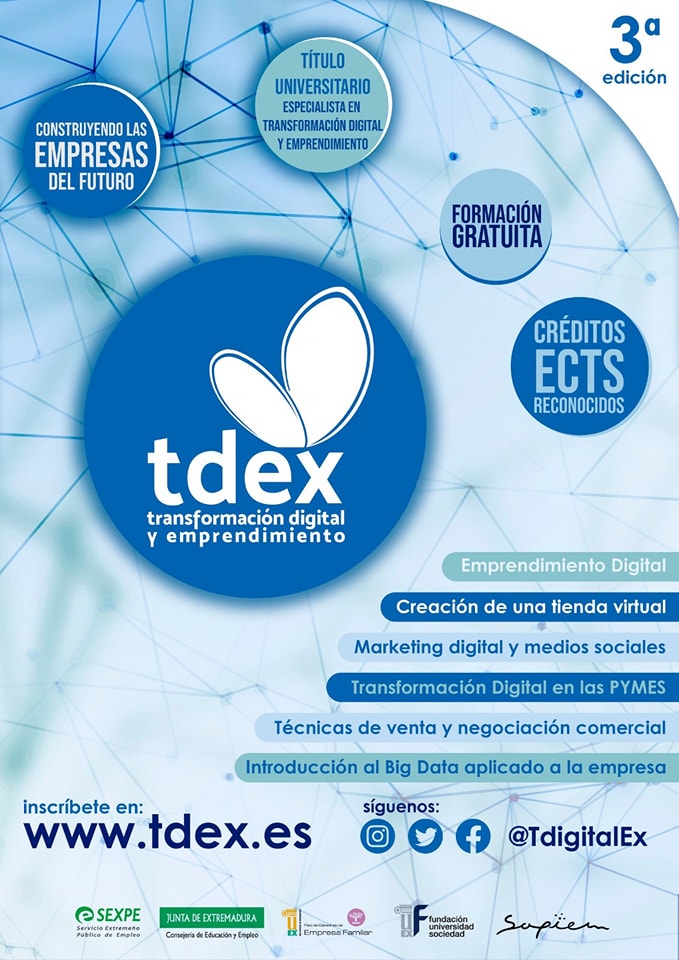 sexpeemplea's tweet photo. 🔝 Abierto el plazo de inscripciones de la 3ª edición de @TDigitalEX , el programa de Transformación Digital de la @infouex con el apoyo del SEXPE.

📆 El curso de "Emprendimiento Digital" ya está disponible. Comienza el 26/09.

📝 Detalles e inscripción: https://t.co/3LeiOyYpNu https://t.co/AsIUcB7uFc