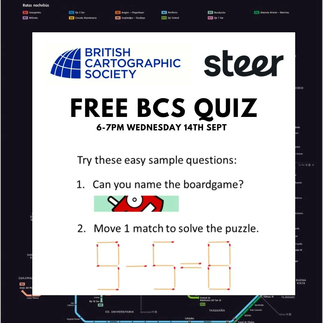 bcsmaps's tweet photo. Come along to the *FREE* BCS Quiz - Wednesday 14th September 6-7pm

60 questions in 10 rounds that will test both
your knowledge and powers of observation.

Subjects include antiques, OS map covers,
puzzles and well-known landmarks.

Register now for free:
https://t.co/XH7nlBs8rt https://t.co/UfKQv626H1