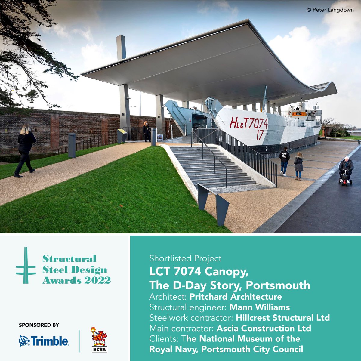SSDA
LCT 7074 Canopy, The D-Day Story, Portsmouth
Architect @Pritchard_Arch Structural engineer @MannWilliamsUK S/work contractor @HillcrestSteel
Main contractor @Asciaconstruct Clients @NatMuseumRN @portsmouthtoday
Winner/s announced 29/09/22
Thanks to sponsor @Trimble_TeklaUK