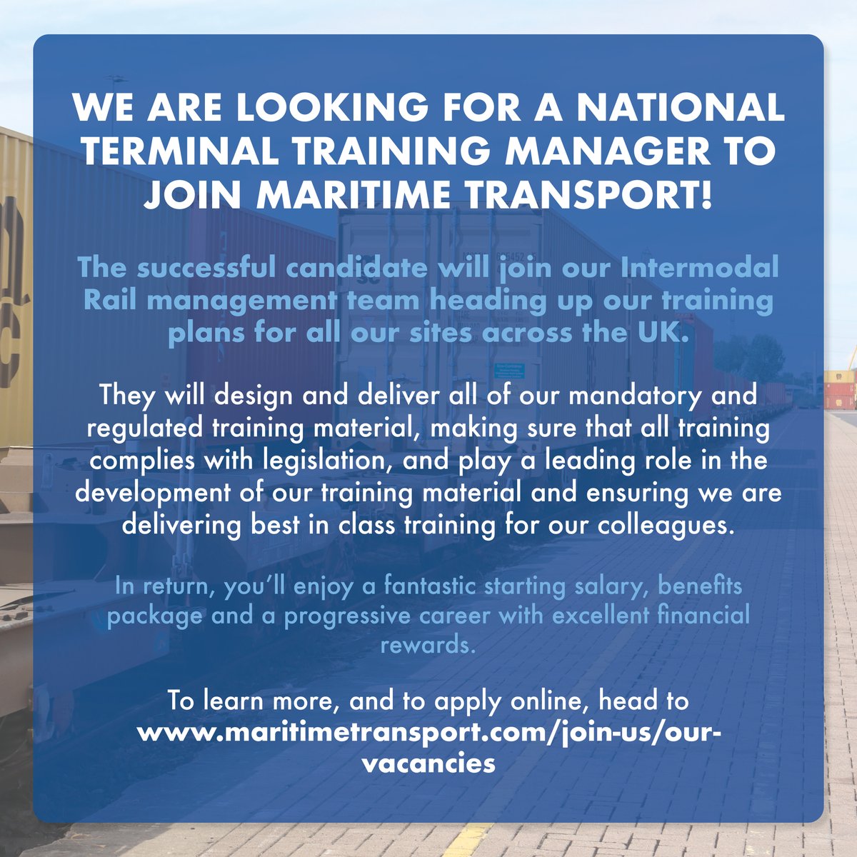 Maritime_UK's tweet photo. We are on the lookout for a National Terminal Training Manager!
If this could be the job for you then apply using the following link: https://t.co/9hmBYELnAs
#MaritimeTransport #ManagerVacancy #Career https://t.co/CS7yxhkiKs