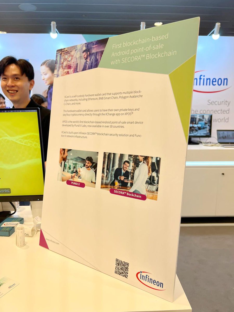 PundiXLabs's tweet photo. Happening right now😎

#PUNDIX &amp; @Infineon at #IdentityWeekAsia showcasing for the first time the #crypto hardware wallet #PXCARD to visitors and how it interacts with p(x)Change #dApp powered by @FUNCTIONX_IO on #XPOS 🔥

Come visit our booth #33! Exciting times 👏💪

#Web3 https://t.co/ptixAsm59z