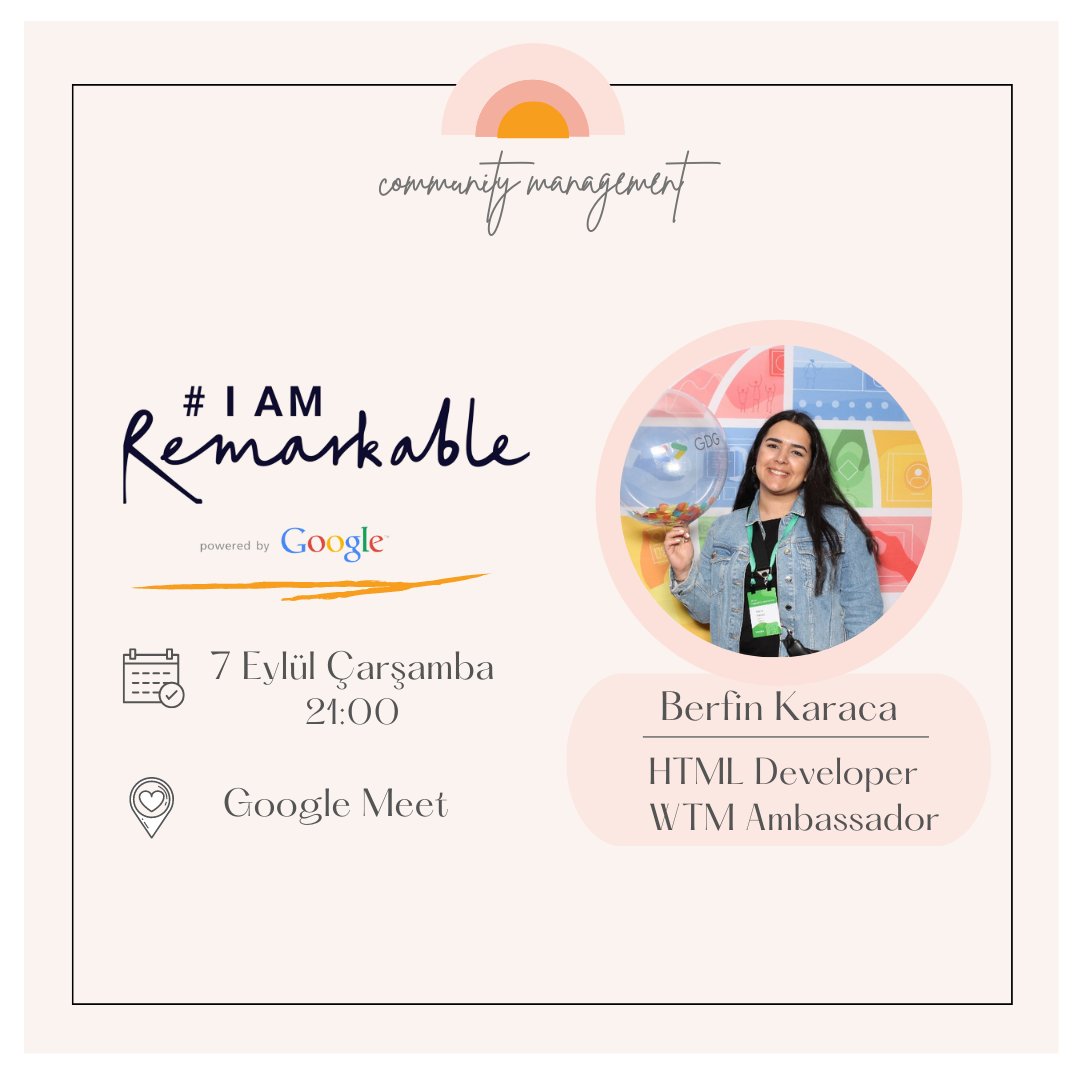 CommunityMngmnt's tweet photo. Başarılarımızdan konuşurken kendimizi özgür hissediyor muyuz?

Berfin KARACA ile yeteneklerimizi yeniden keşfedeceğimiz harika bir #IamRemarkable etkinliği bizi bekliyor!✨

Community Management topluluğuna özel workshopa katılmak istersen mail adresini DM'den paylaşman yeterli💌 https://t.co/FNeZ7ide4o