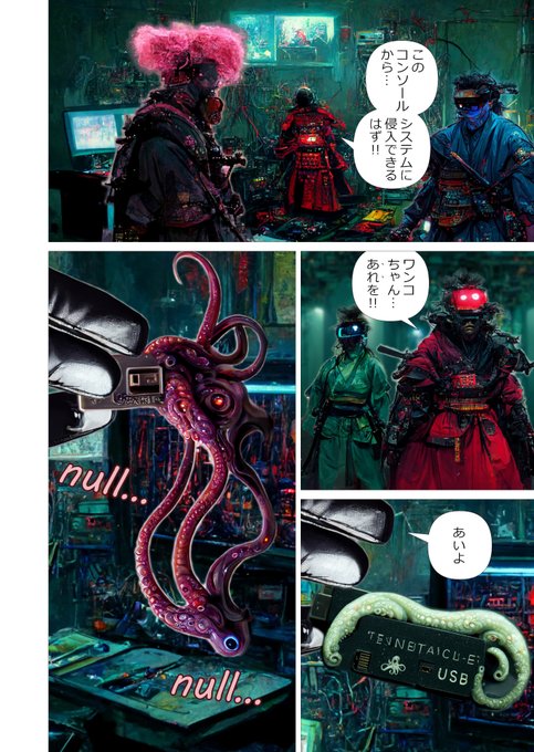 AIにマンガを描かせてみるテスト(16/n)

#Midjourney #マンガが読めるハッシュタグ #ツイッタSF #サイバーパンク桃太郎 