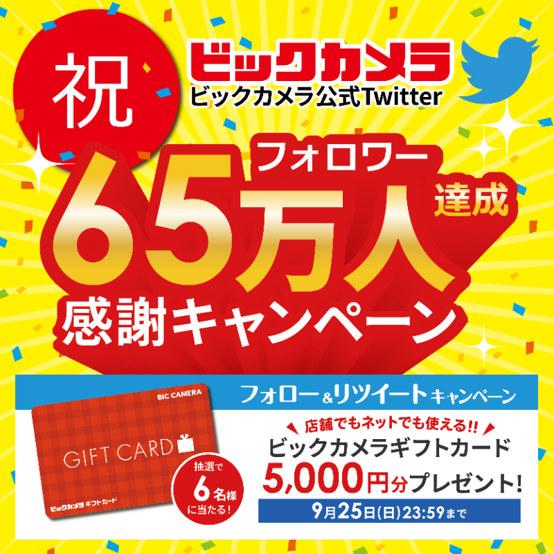 biccameraE's tweet photo. ＼フォロワー65万人感謝キャンペーン／
🎉ビックのファンにビッグなありがとう🎉
抽選で6名様に『ビックカメラギフトカード5,000円分』をプレゼント🎁 

🔻🔻参加方法🔻🔻
1️⃣@biccameraEをフォロー
2️⃣ このツイートを リツイート

締切：9月25日（日）23:59