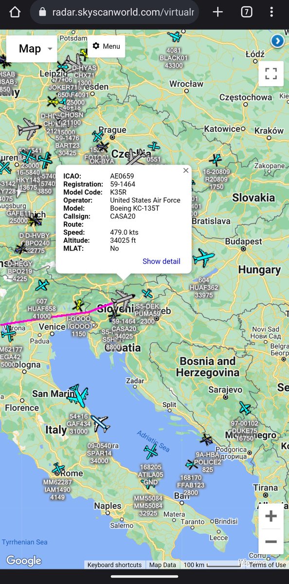 scan_sky's tweet photo. #USAF - Boeing KC-135T - 59-1464 - #CASA20
Departed From Morón Air Base 🇪🇸 🇺🇸 & Currently Routing Over Slovenia 🇸🇮 En Route To Romania 🇷🇴 To Support The Ongoing Enhanced NATO Air Patrols https://t.co/srcJsYX28R