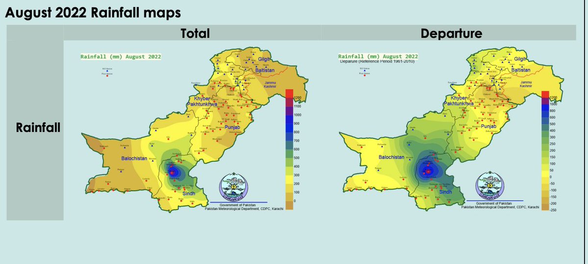 WMO's tweet photo. Devastating and deadly #PakistanFloods continue:
@pmdgov issued August monthly statistics: it was wettest August since start of records in 1961
National rainfall +243% above average
In Balochistan +590%
Sindh +726%
https://t.co/Q9Etzqpb19
#EarlyWarningEarlyAction
#StateofClimate https://t.co/L5HVyi6Dkw