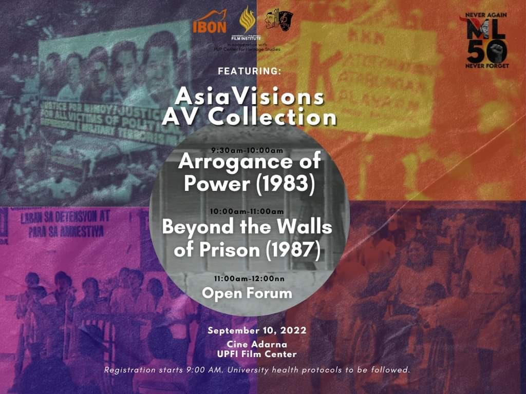 UPFIfilmcenter's tweet photo. #ML50commemoration 
#IBONFoundation
#CornernedArtistsofthePhilippines 
Public screening &amp; open forum of AsiaVisions AudioVisual Collection Arrogance of Power and Beyond the Walls of Prison on Sept 10, Sat 9AM-12nn
Admission is free. Preregister:
https://t.co/R1dWZwZr7W https://t.co/N3bS4Kmd4T