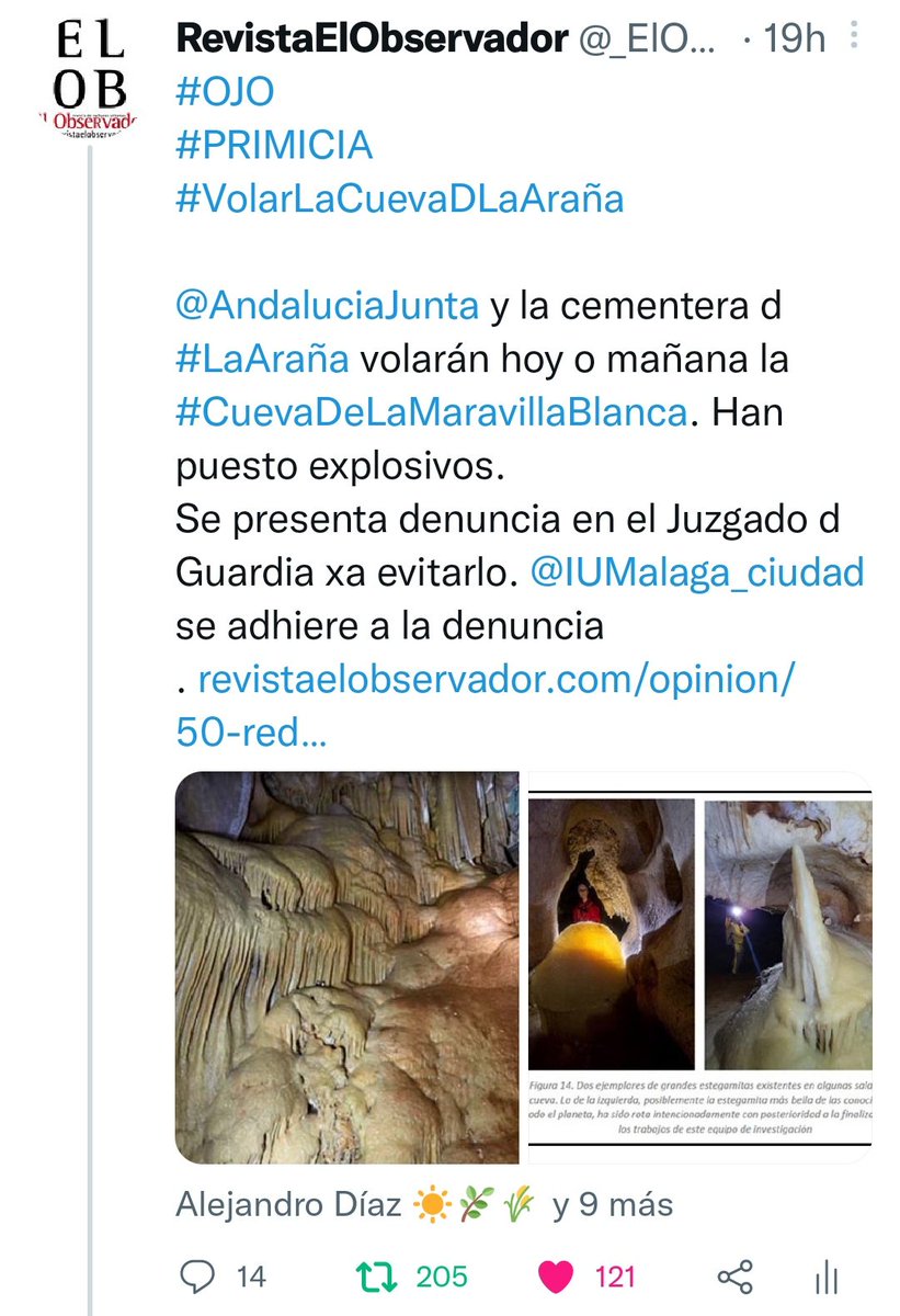 #OJO

<a href="/lavozdelsures/">lavozdelsur.es</a> se hace eco de la salvajada que quiere perpetrar <a href="/AndaluciaJunta/">Junta de Andalucía</a> y @HC_Hispania volando la cueva de #LaMaravillaBlanca, en la cementera de #LaAraña, <a href="/malaga/">Ciudad de Málaga</a>.
.