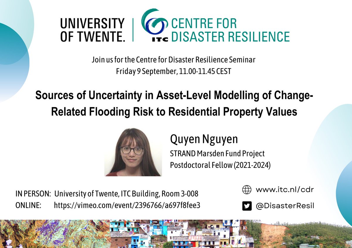 DisasterResil's tweet photo. Join us for the @DisasterResil Seminar on Friday by Quyen Nguyen, STRAND Marsden Fund Project Postdoctoral Fellow: Sources of Uncertainty in Asset-Level Modelling of Change-Related #Flooding #Risk to Residential Property Values. Live-streamed via the link: https://t.co/WXGKEH1UX1 https://t.co/Mms8NpIbUO
