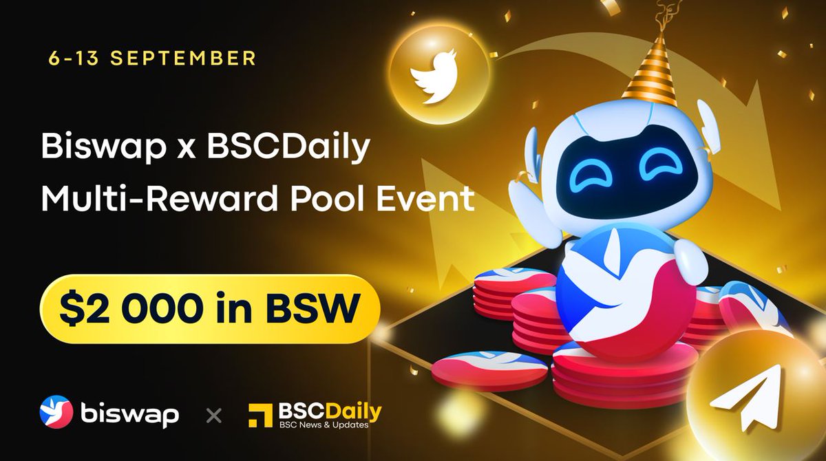 🔥 Multi-Reward Pool Event for $2K in BSW 🔥

⚡️ BSC Daily X <a href="/Biswap_Dex/">Biswap</a> ⚡️

📆 10:00 AM UTC, 6-13 September

Choose the campaign &amp; split the Prize Pool 👇

💎 Social Media Campaign:
bit.ly/3D4znUK
💎Stake-Trade-Earn Campaign:
bit.ly/3qg6OfC 

#airdrop #Giveaway