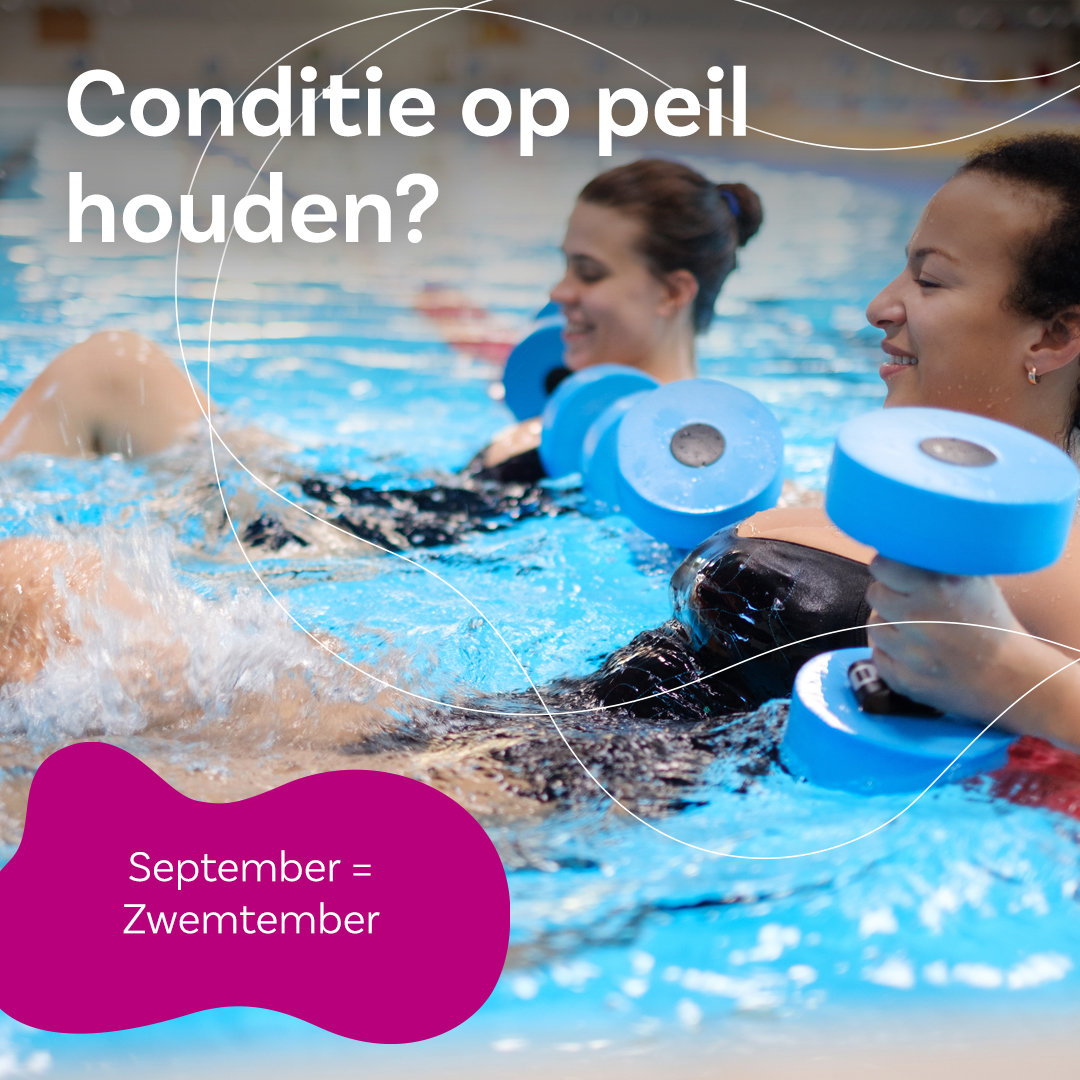 De drempel is laag en het water niet te diep. Met aquasporten, borstcrawl-les of banenzwemmen breng jij je conditie snel weer op peil. Alleen in de maand september 3 maanden onbeperkt sporten in het zwembad met €25,00 korting. Kijk snel op bit.ly/3RjpfeY #zwemtember