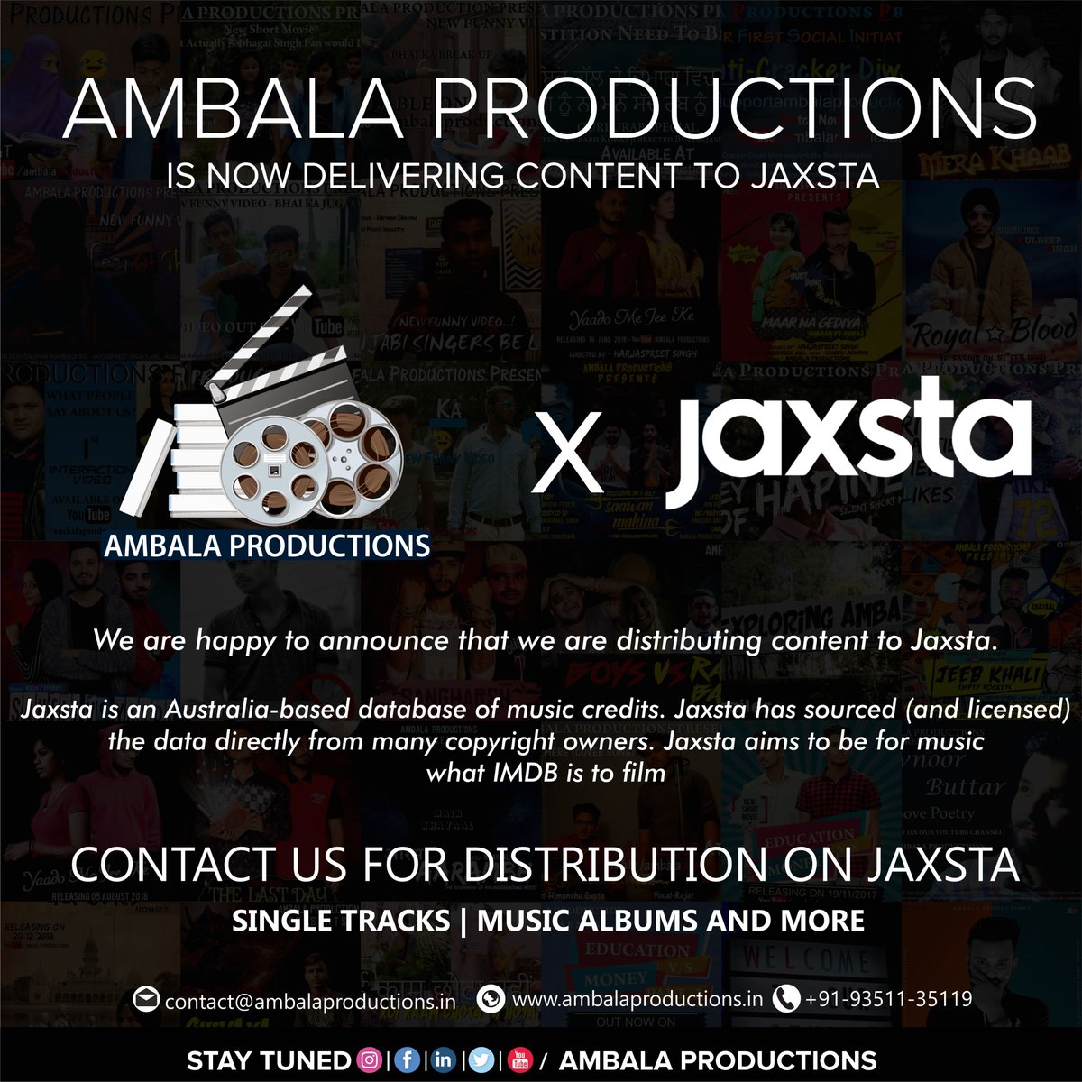AmbalaPro's tweet photo. Ambala Productions is now delivering content to @JaxstaMusic globally. Contact us now for getting your content distributed to Jaxsta. Drop us an email at contact@ambalaproductions.in
. . .
#ambalaproductions #MusicDistribution #artistservices #musiccredits #jaxsta #jaxstamusic https://t.co/hE23FG1QQN
