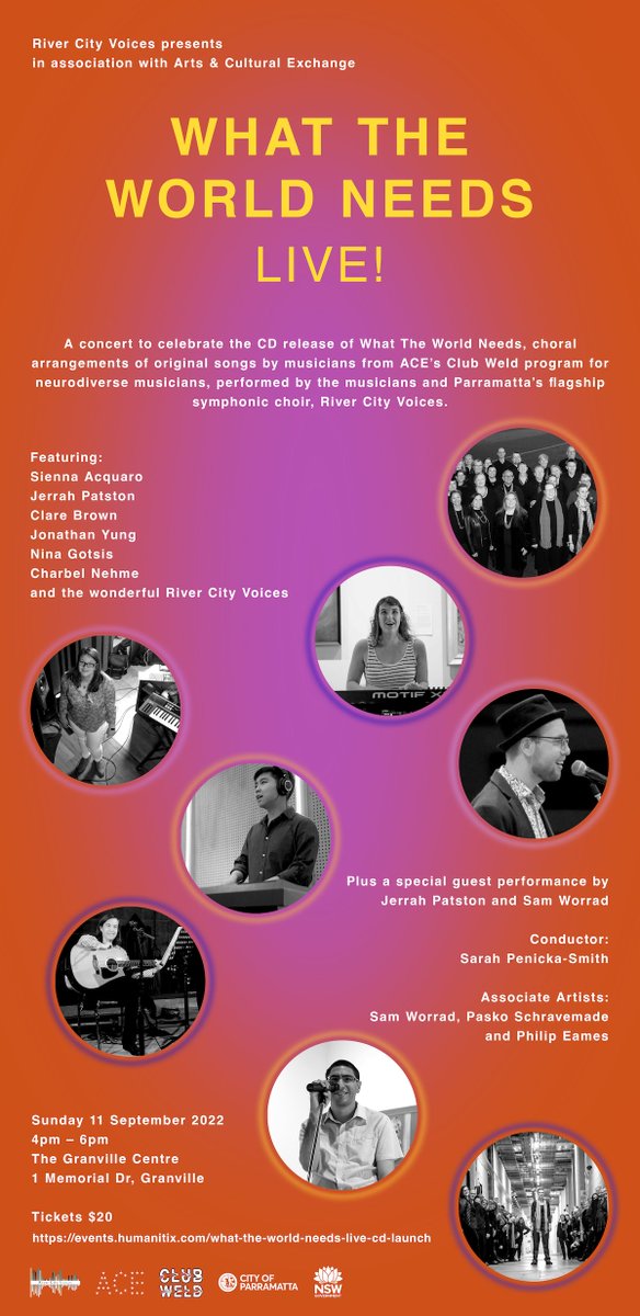 RiverVoicesAU's tweet image. We are launching our CD collab with Club Weld (neurodiverse musicians) at the #Granville Centre on Sun Sept 11 at 4pm. Come along for some great music performed with heart. Tix only $20 from events.humanitix.com/what-the-world… #WesternSydneyMusic #WesternSydney