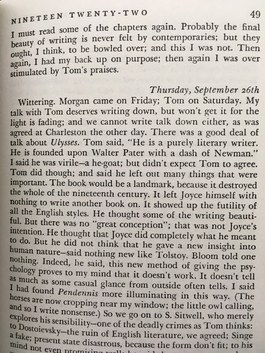 Virginia Woolf wrote about Ulysses in her diary on September 6 and 7 1922. "Genius it has, I think; but of the inferior water. The book is diffuse. It is brackish. It is pretentious. It is underbred, not only in the obvious sense, but in the literary sense."