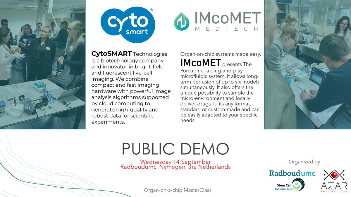 Hossein_EA's tweet photo. ๐Come and check out cool technologies by @CytoSMART Technologies and @IMcoMET at Radboudumc on 14 September 2022, 14.00-17.00. It is free for everyone!
#OrganOnAChip #TissueChip #MicroPhysciologicalSystems #Training #HandsOn #OoCMasterClass #Workshop #OrganOnChip #Microscopy https://t.co/R6CQBlQTDs