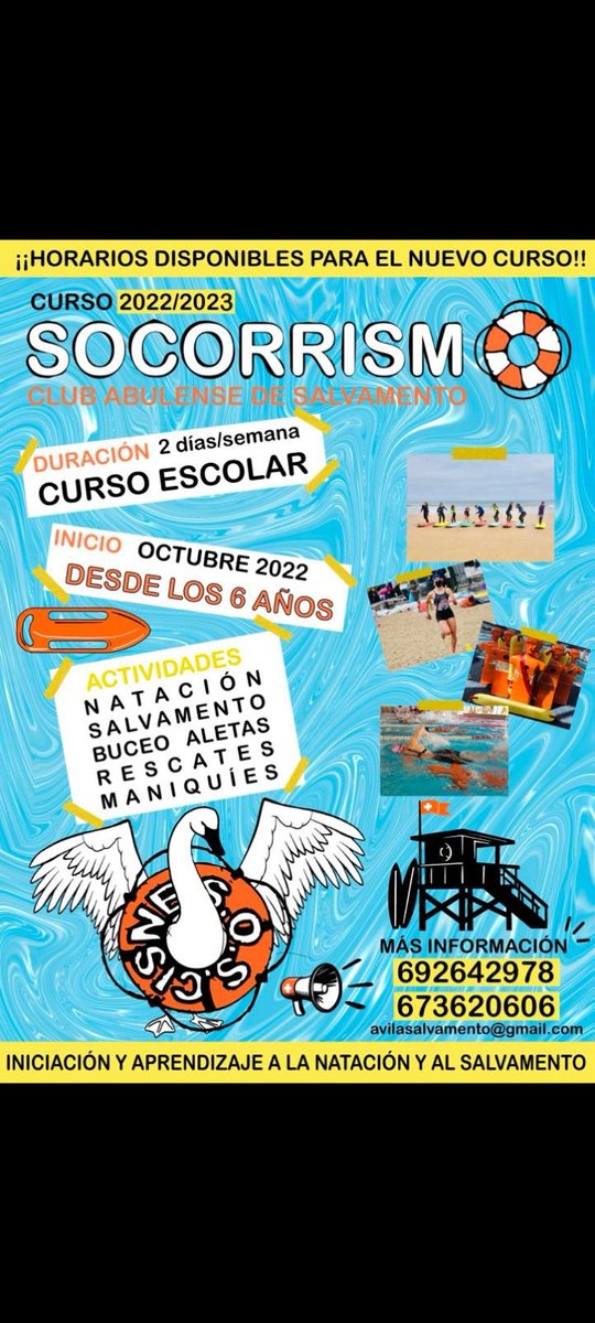 CisneSos's tweet photo. Ya tenemos disponibles los horarios para el nuevo curso escolar de iniciación y aprendizaje a la natación y al Salvamento.
Podéis contactar con nosotros a través del correo electrónico avilasalvamento@gmail.com 
¡¡Os esperamos!!🦢🏊‍♀️🏊‍♂️ https://t.co/HtpN7RTRJp