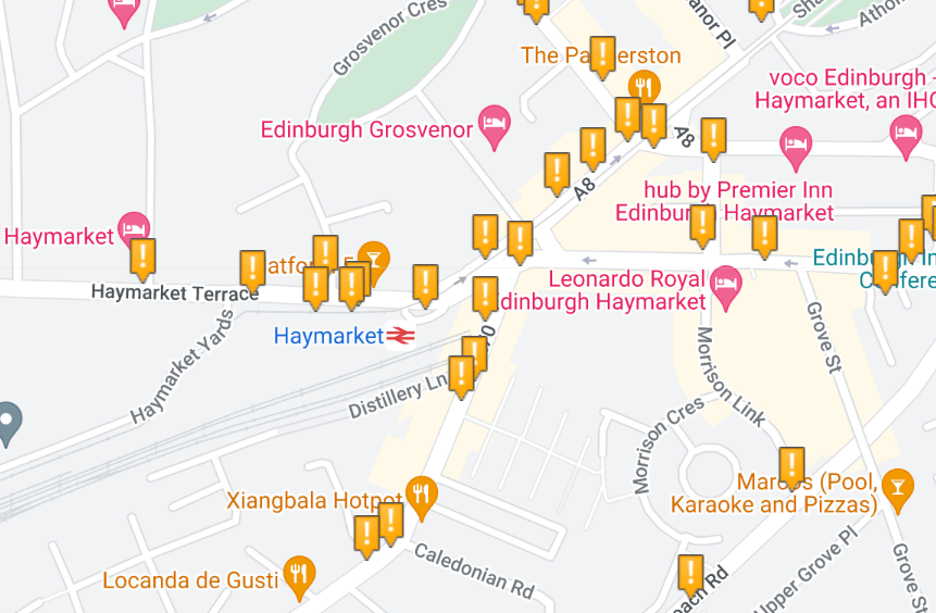 LivingStreetsEd's tweet photo. @fountainbridge @thecockburn @CllrScottArthur Pedestrian incidents at this junction over the last decade... we need to prioritise pedestrian safety. #crashmap https://t.co/screzJQuhe