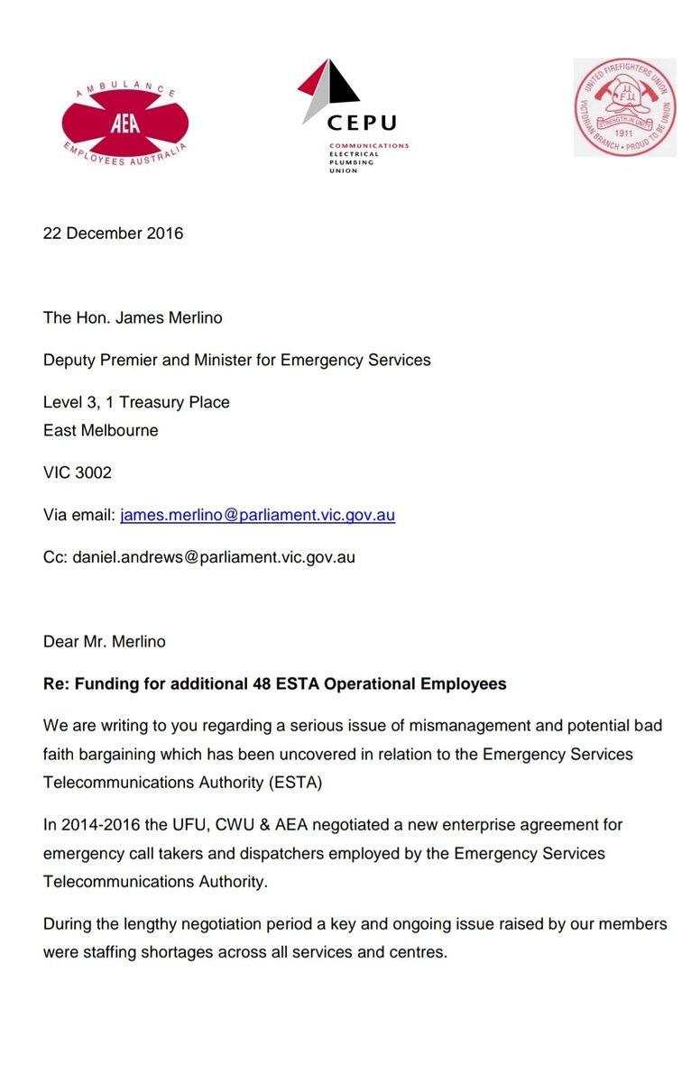 VicFireys's tweet photo. Please see attached 2015 correspondence regarding 48 promised Esta positions being canned due to withdrawal of funding by @DanielAndrewsMP gov! 

@JaclynSymes @MaryAnneThomas
@JacintaAllanMP
@msanto92 @rwillingham #springst #auspol @ESTA000 https://t.co/SPEXBxC9np