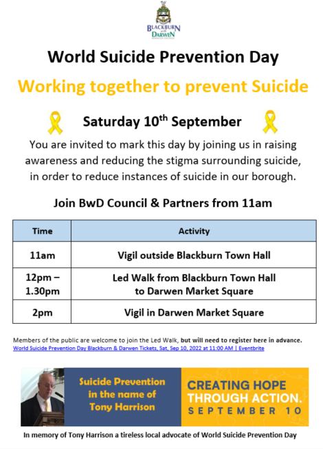 World Suicide Prevention Day is this Saturday, join us at one of our vigils - details below. #WSPDBwD #40secondsBwD <a href="/blackburndarwen/">Blackburn with Darwen Council</a> <a href="/BwDAdultLearn/">BwDBC Adult Learning</a> <a href="/springnorthHQ/">Spring North</a> <a href="/AftaThought/">Marion Berry 😇🙏🏾✨🕊</a> <a href="/Calico_Group/">The Calico Group</a> @DawnHardman <a href="/TalkOurselves/">Talk Ourselves Well</a> <a href="/PennineFootball/">Creative Football</a> <a href="/andysmanclubuk/">#ANDYSMANCLUB</a> <a href="/brian_1949/">Brian Taylor 1949</a>
