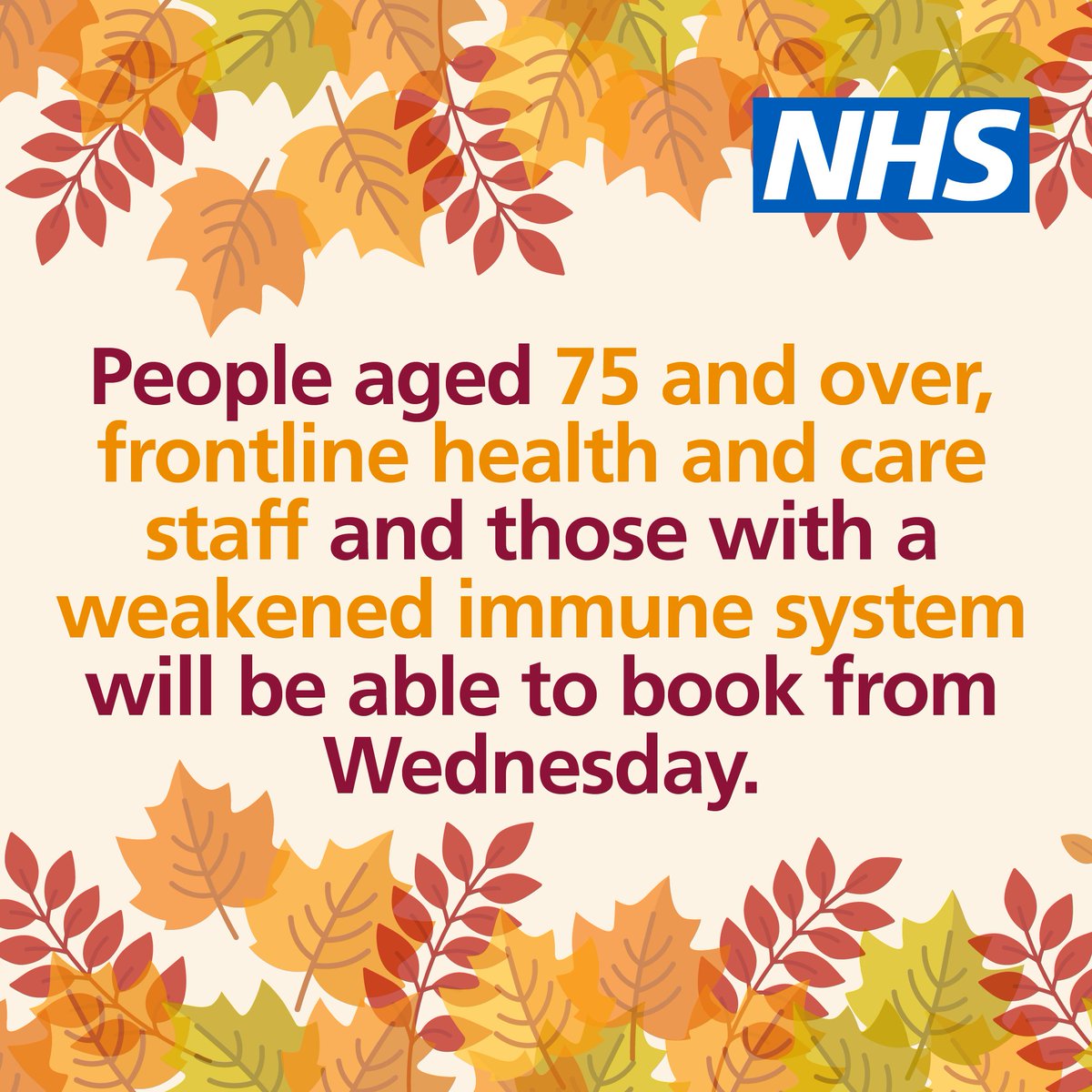 Online booking for autumn Covid boosters opens tomorrow for people who are:

🍁 aged 75 and over
🍁 immunosuppressed
🍁 health &amp; social care workers

Other eligible groups should wait to be contacted by the NHS.

More info: england.nhs.uk/2022/09/vaccin…