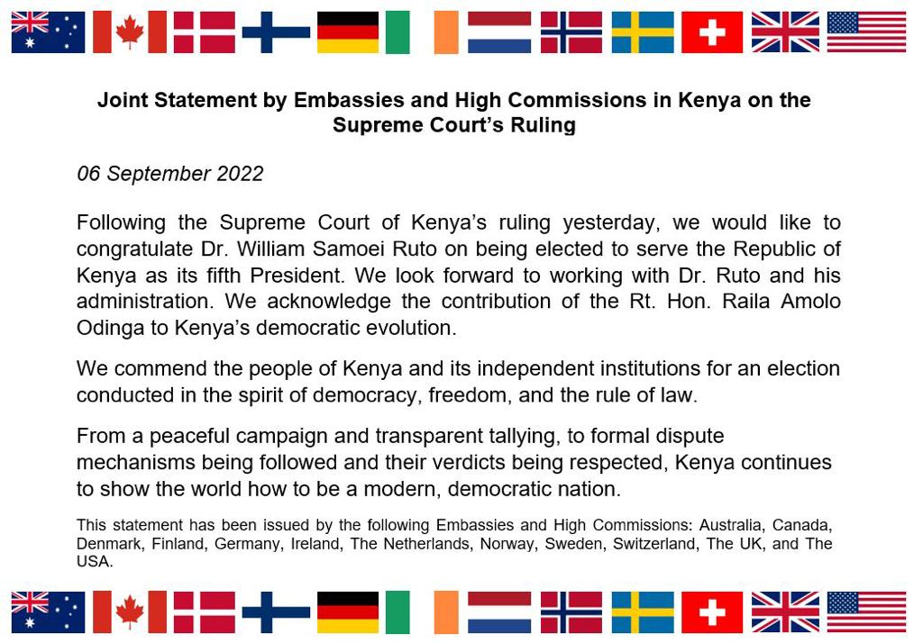 GermanyinKenya's tweet photo. Embassies and High Commissions in Kenya congratulate Dr. William Ruto on becoming the next President of the Republic of Kenya https://t.co/9ryVRJWXlM