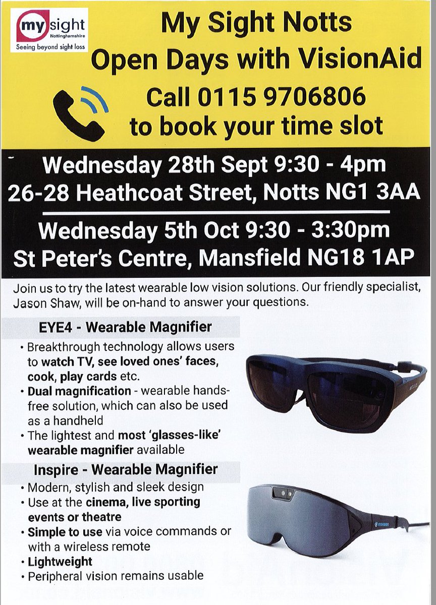 mysightnotts's tweet image. Open Days with VisionAid

Wed28 September 9:30am-4pm at 26-28 Heathcoat St, Notts. NG1 3AA

Wed 5 October 9:30am-3:30pm at St Peter’s Centre Mansfield. NG18 1AP

Info: 0115 9706806

@nottm_events  
@ChadNews 

#Blind #VisuallyImpaired #MySightNotts
