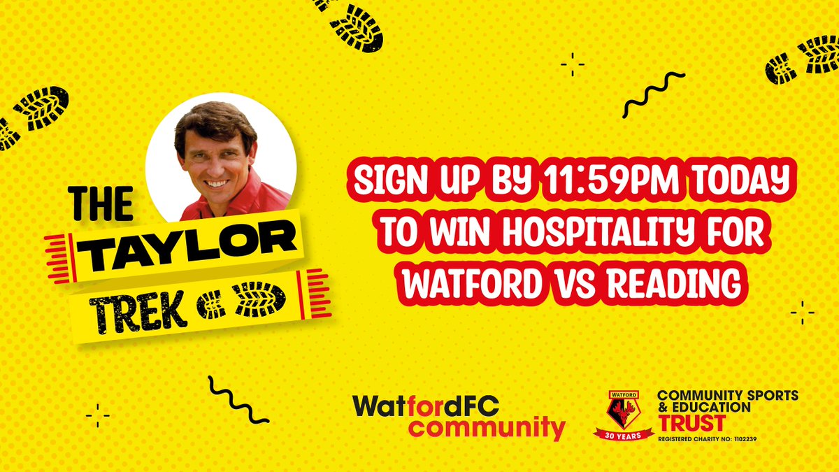 🚨Last chance to get hospitality this weekend🚨

Looking to sign up to take part in #TheTaylorTrek? 

Don't delay &amp; you could get a table for 4 in the Sir Elton John suite this weekend for <a href="/WatfordFC/">Watford Football Club</a> Vs Reading - offer closes 11.59pm tonight!

watfordfccsetrust.com/the-taylor-tre…

#WatfordFC