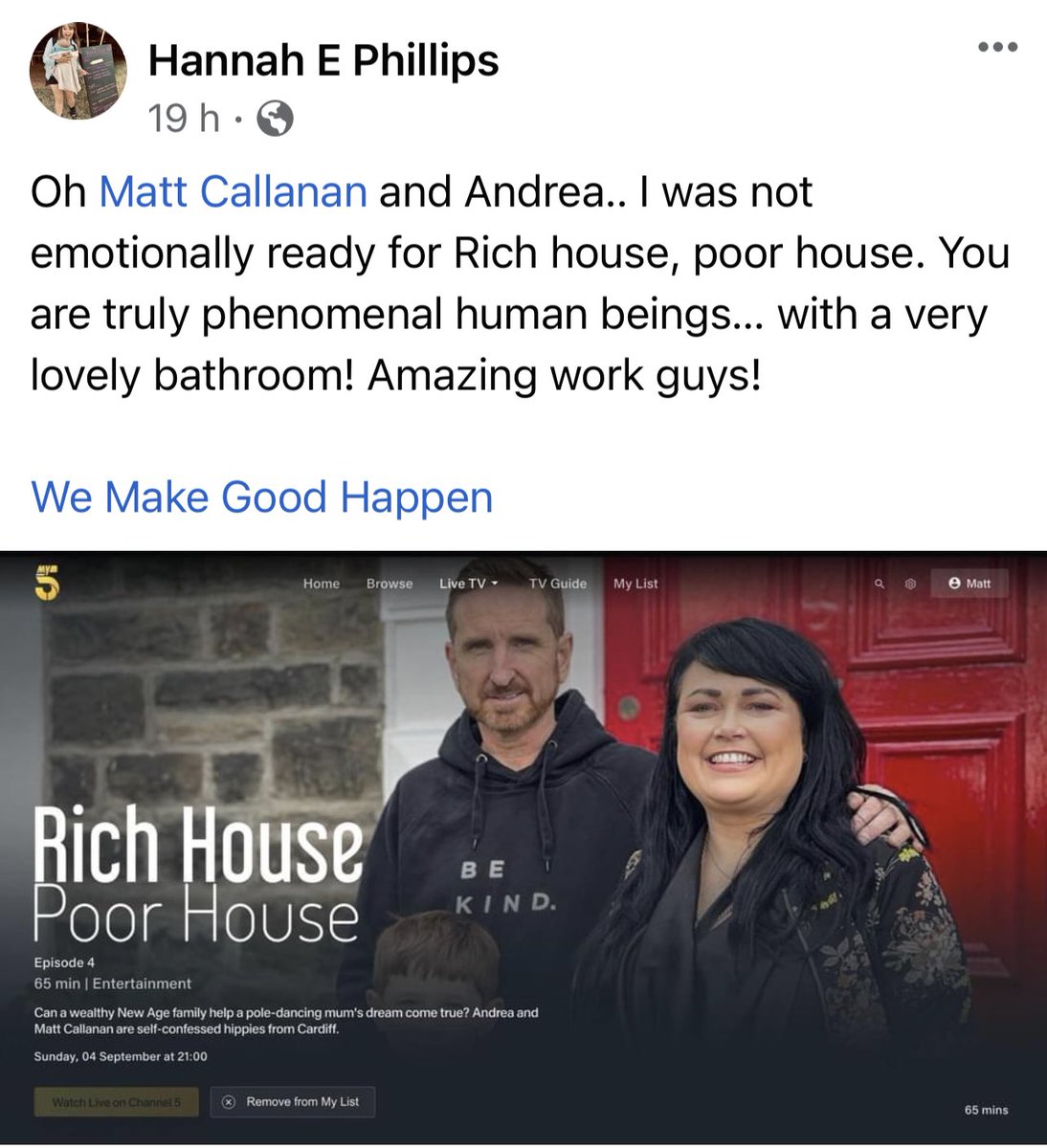 CoachCallanan's tweet photo. Definitely a super interesting experience going on #TV

Great we were able to talk about the power of #kindness with @WeMakeGoodHappn &amp; #Tenner4Good

#RichHousePoorHouse

Watch again:

https://t.co/hVKgPgStXf https://t.co/TEesdK1ipo