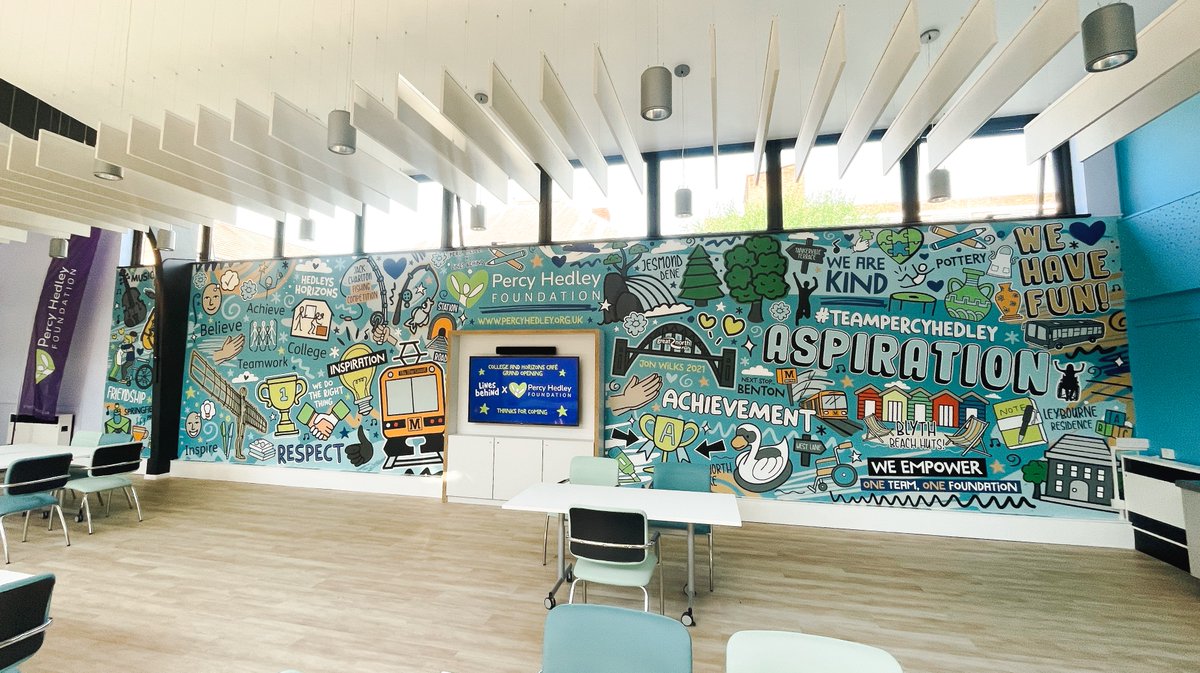 percyhedley's tweet photo. We're delighted to show our brand new College cafe after undergoing a huge transformation. With huge thanks to @lines_behind for donating time to design the artwork, and to @wolfsonfdn for funding the project.
Read here: https://t.co/P7vIz051gh
#LinesBehind #PercyHedley https://t.co/lOIWpYIXEe