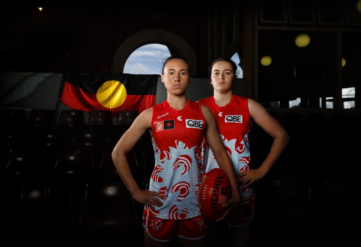 SydneySwansAFLW's tweet photo. We will wear this guernsey this Saturday for Marn Grook at the SCG. 

Designed by Lisa Sansbury, mother of Adam Goodes, the  guernsey depicts where the city meets the sea, telling the story of Indigenous people coming together around Sydney’s harbour and estuaries. https://t.co/1slrWT5YPb