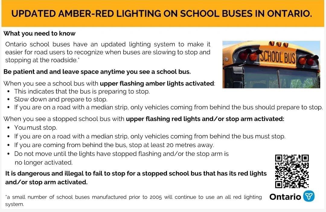 A message from CLASS Shared School Services:
Watch for the new Eight Lamp Amber system on all school buses in Ontario. Amber is a Warning and Red means STOP! #stopforred #backtoschool
