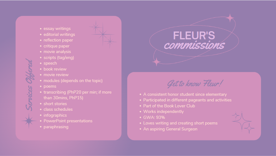 fleur_de_comms's tweet photo. hi, lovies! Fleur here, your trusted commissioner willing to seek academic assistance. Take your time to browse my commission sheets and if you have found your preferred tasks, my dms are open. ⋆·˚

ღ #proofsoffleur https://t.co/BXnnrCIFID