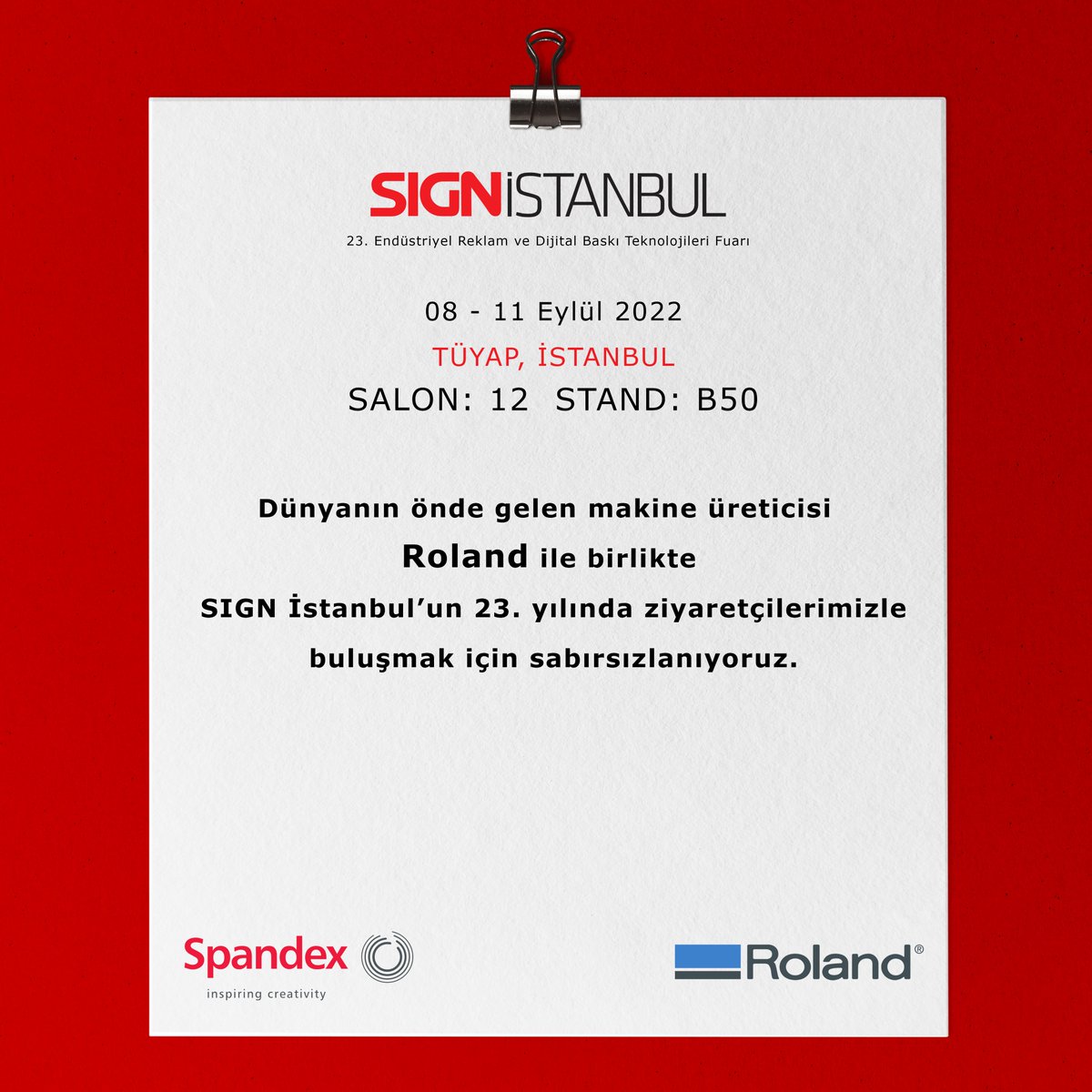 Spandex_Turkiye's tweet photo. B50 numaralı standımızda Roland ile birlikte en yenilikçi ürünlerimizi sektör profesyonelleriyle buluşturuyoruz. 8-11 Eylül tarihleri arasında tüm ziyaretçilerimizi bekliyoruz.
#leaveyoursign #signistanbul #roland #inspiringcreativity #digitalprint #machine #technology https://t.co/bb0rakaJ2d